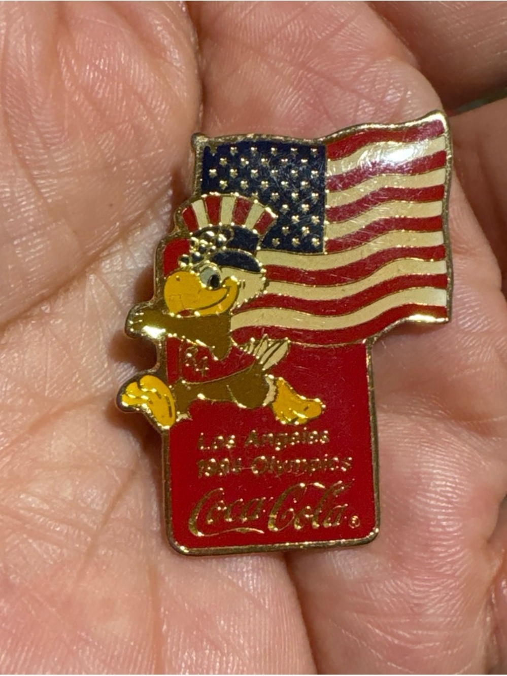 Coca-Cola 1984 Olympics Patriotic Flag Pin - Red, Blue, Gold